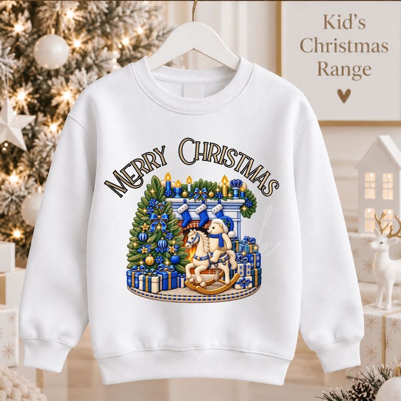 Christmas Fire Place Rocking Bear Blue 15cm DTF PRINT