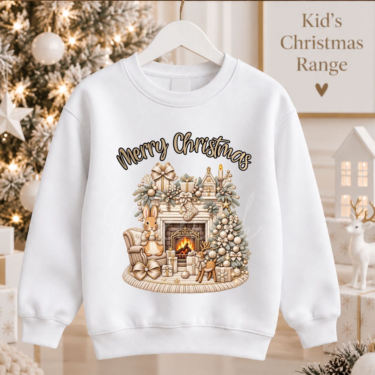 Christmas Fire Place Bunny Beige 15cm DTF PRINT