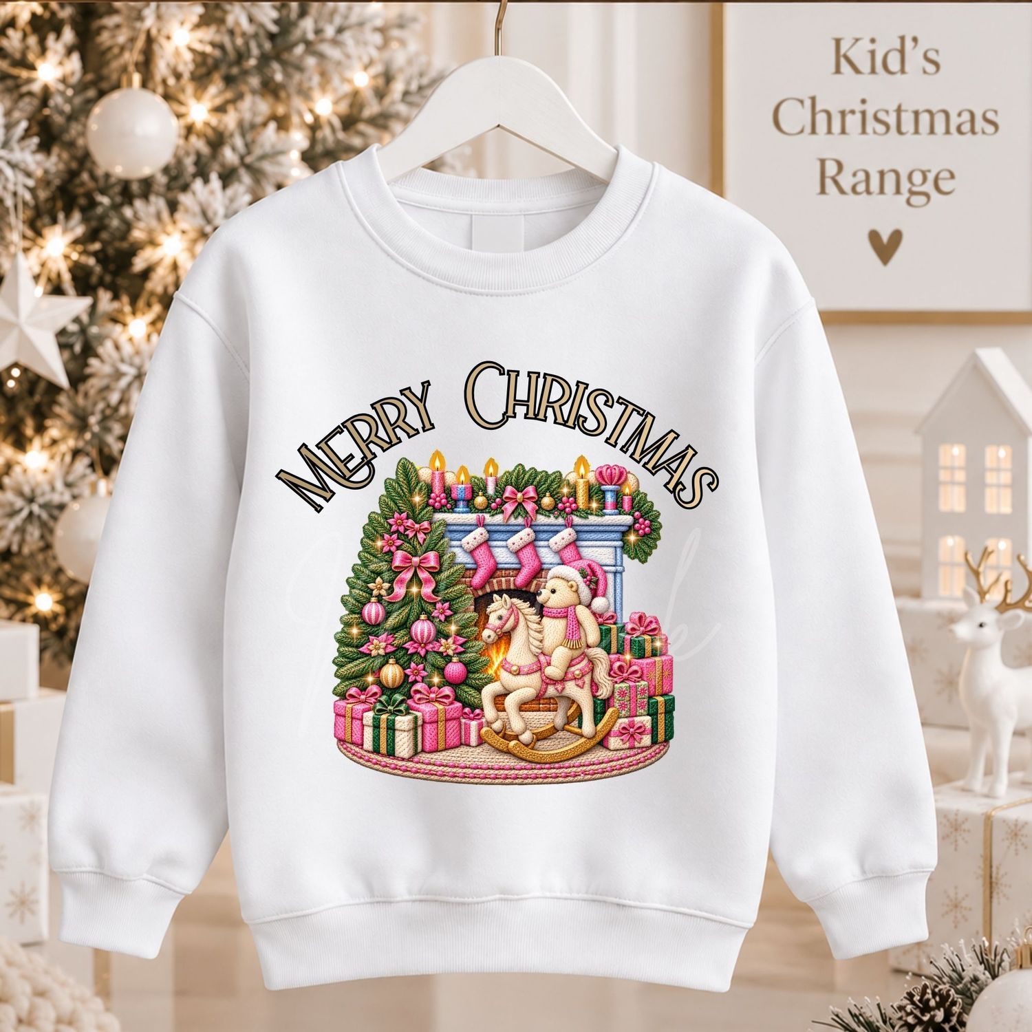 Christmas Fire Place Rocking Bear Pink 15cm DTF PRINT