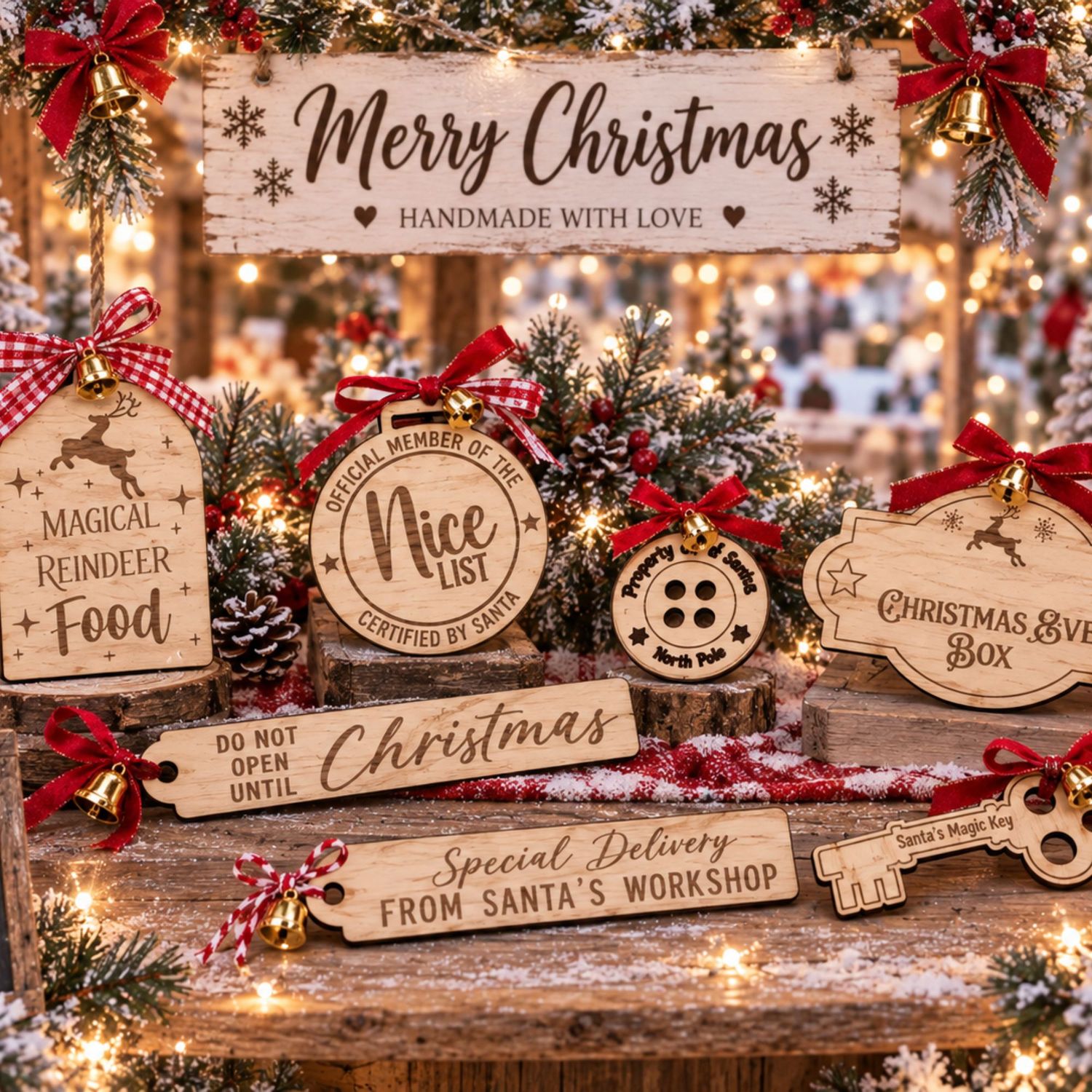 Wooden Christmas Stall Fillers x7 Items 4mm Oak Veneered MDF