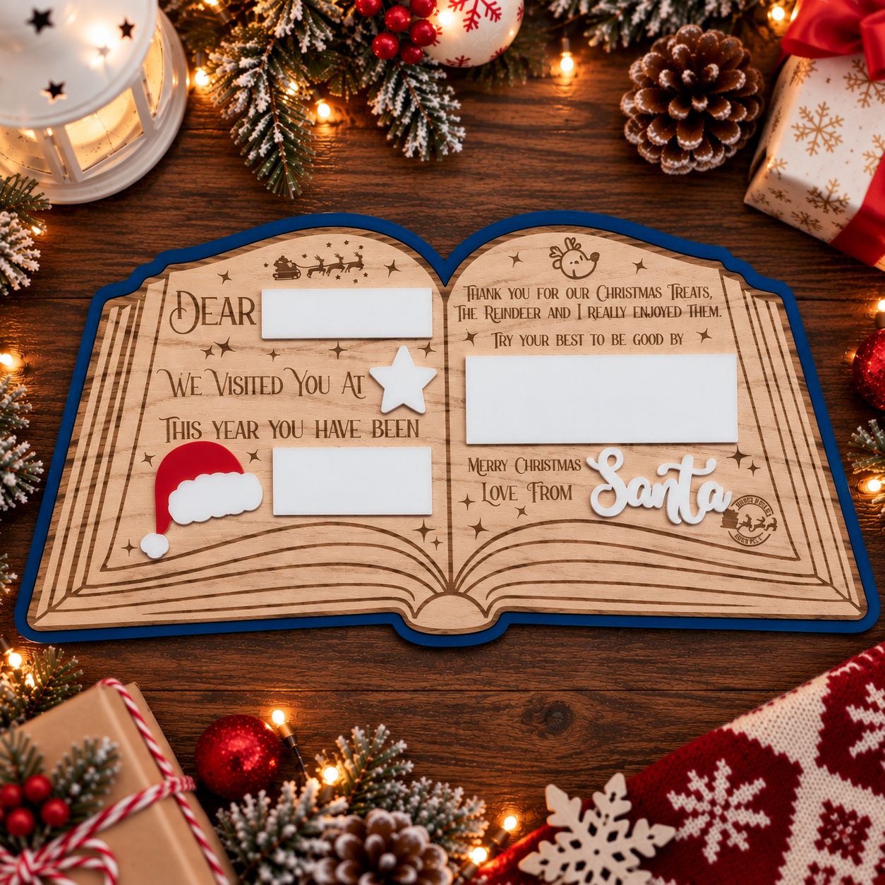 Dear... Love From Santa Open Book Dark Blue Backing 4mm Oak Veneered &amp; 3mm Acrylic
