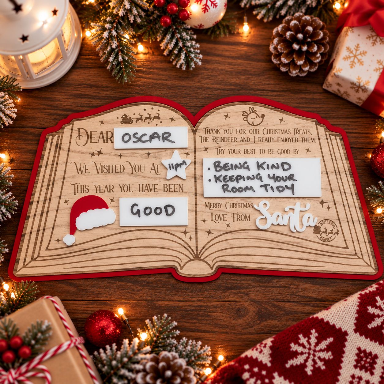 Dear... Love From Santa Open Book Red Backing 4mm Oak Veneered &amp; 3mm Acrylic