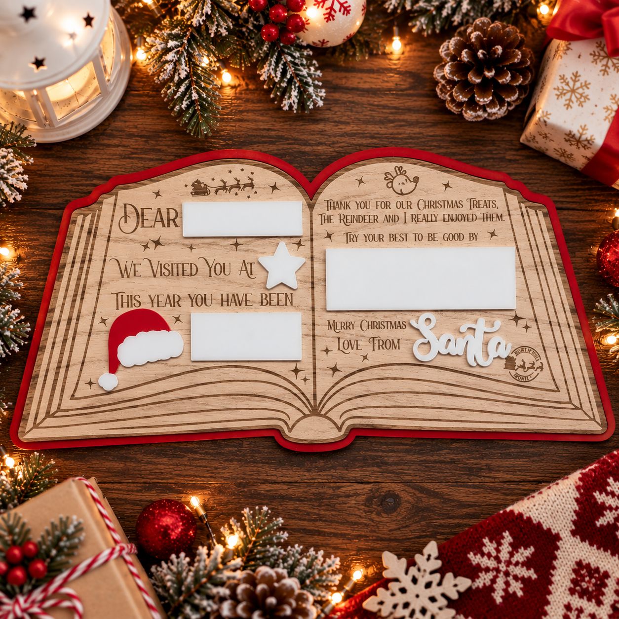 Dear... Love From Santa Open Book Red Backing 4mm Oak Veneered &amp; 3mm Acrylic