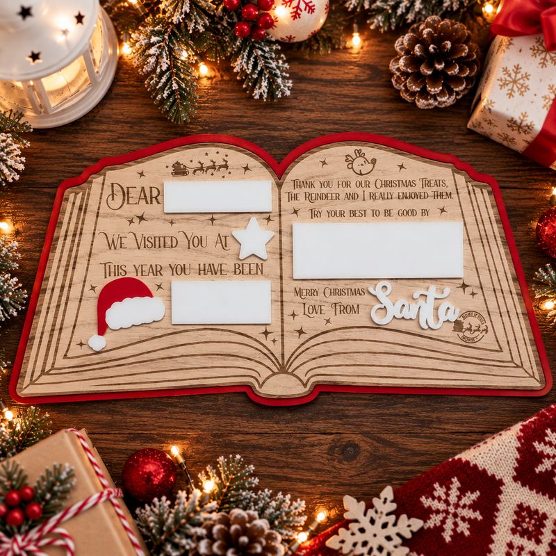 Dear... Love From Santa Open Book Red Backing 4mm Oak Veneered &amp; 3mm Acrylic