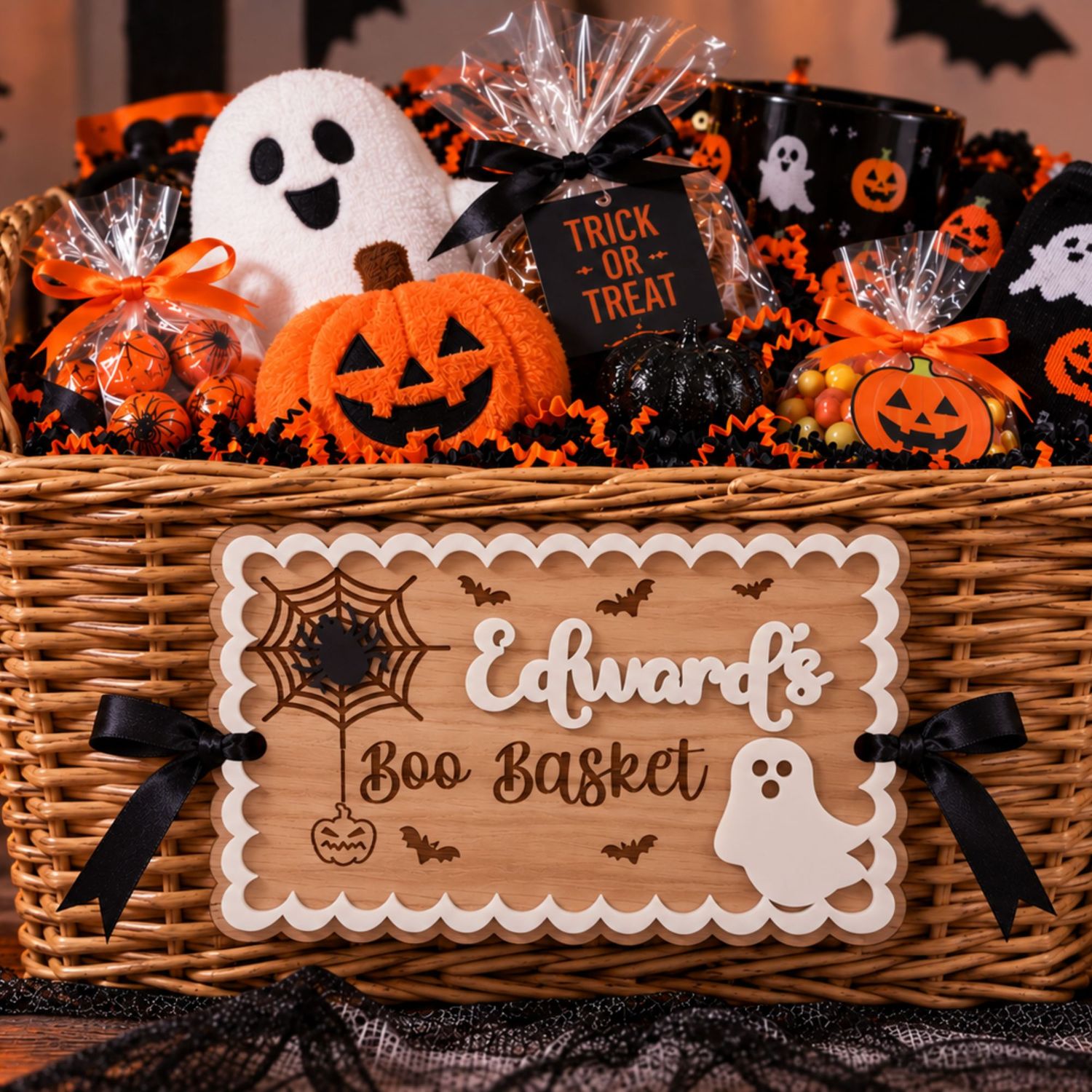 Halloween Boo Basket Scallop Rectangle 4mm Oak Veneered Plaque &amp; 3mm BOO Acrylic