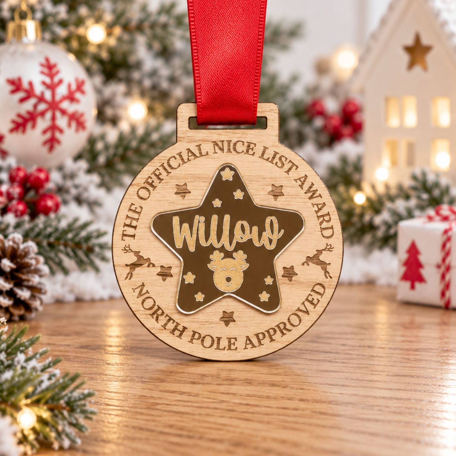 Personalised Nice List Medal, 4mm Oak Veneered &amp; Gold Mirrored Acrylic Star