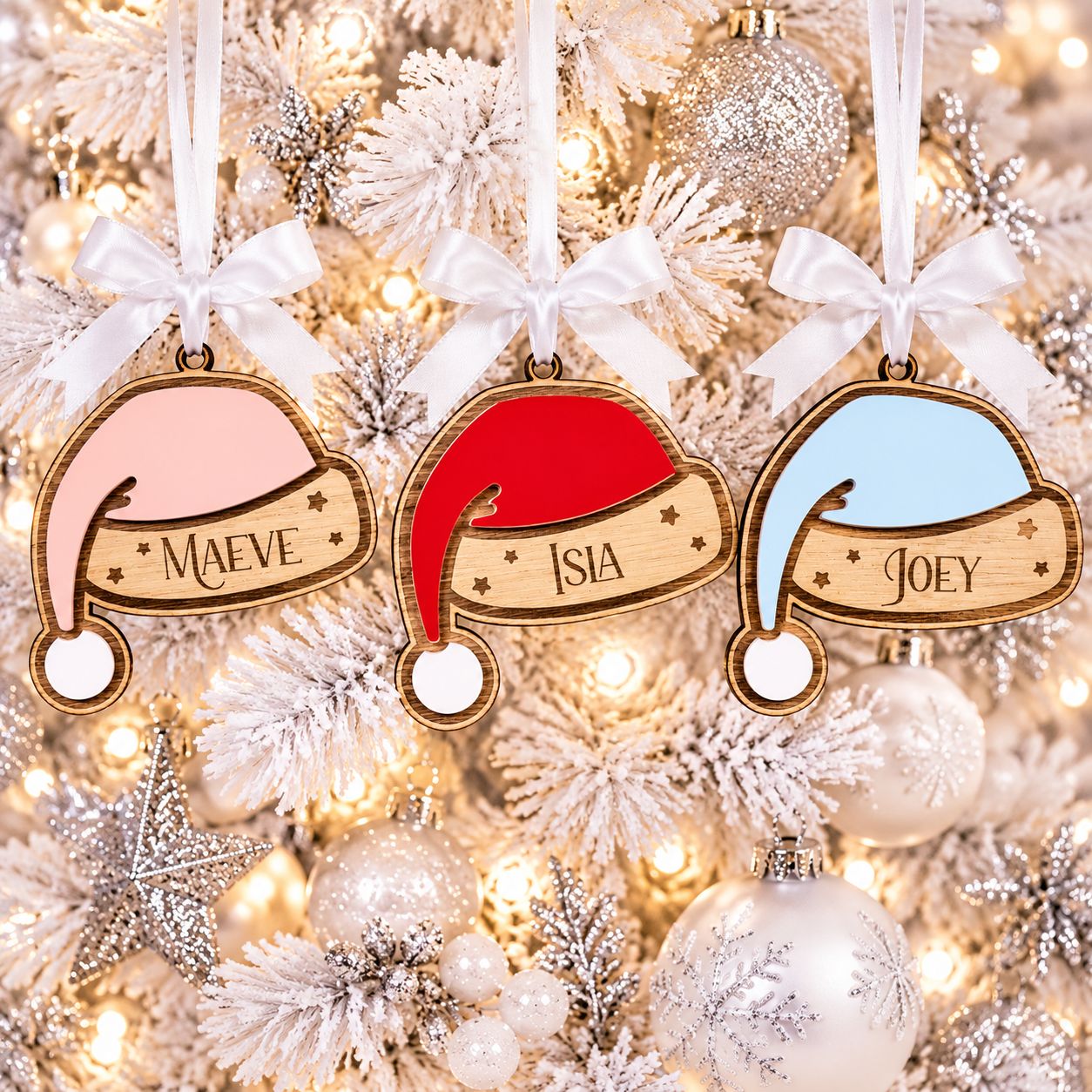 Personalised Santa Hats Ornament 4mm Oak Veneered &amp; 3mm Acrylic