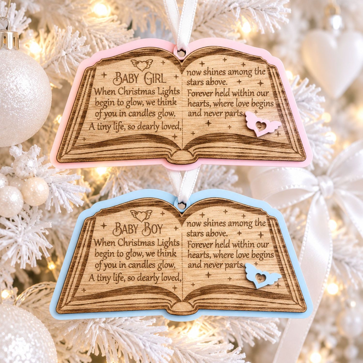 Christmas Baby/Child Memorial Story Book Ornament - 4mm Oak Veneered MDF &amp; White Acrylic 3mm