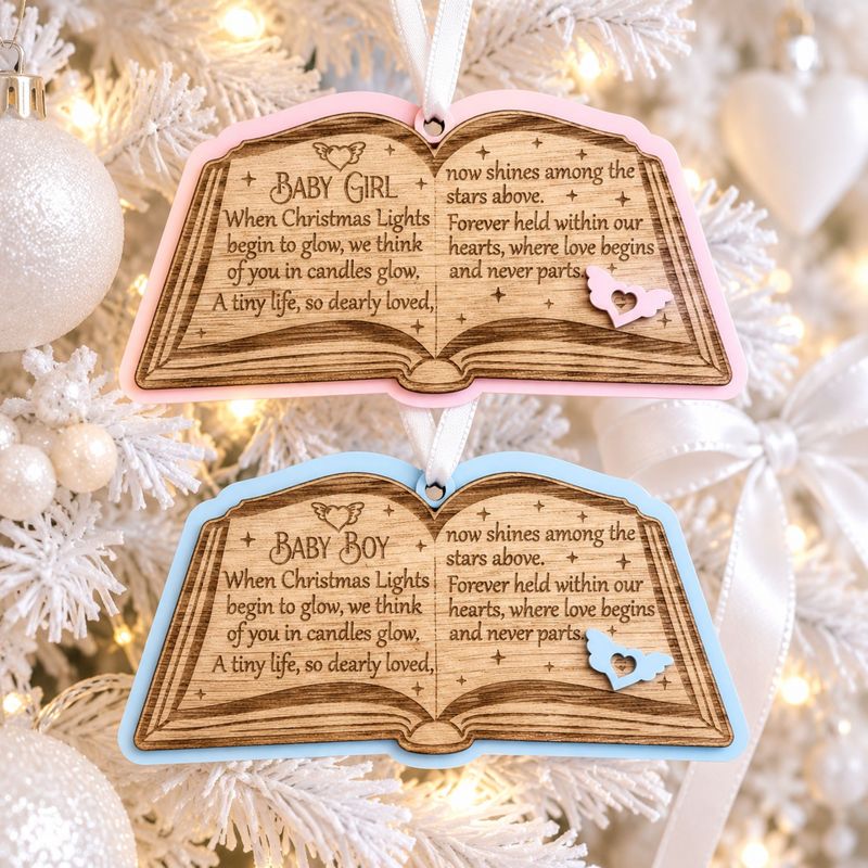 Christmas Baby/Child Memorial Story Book Ornament - 4mm Oak Veneered MDF &amp; White Acrylic 3mm