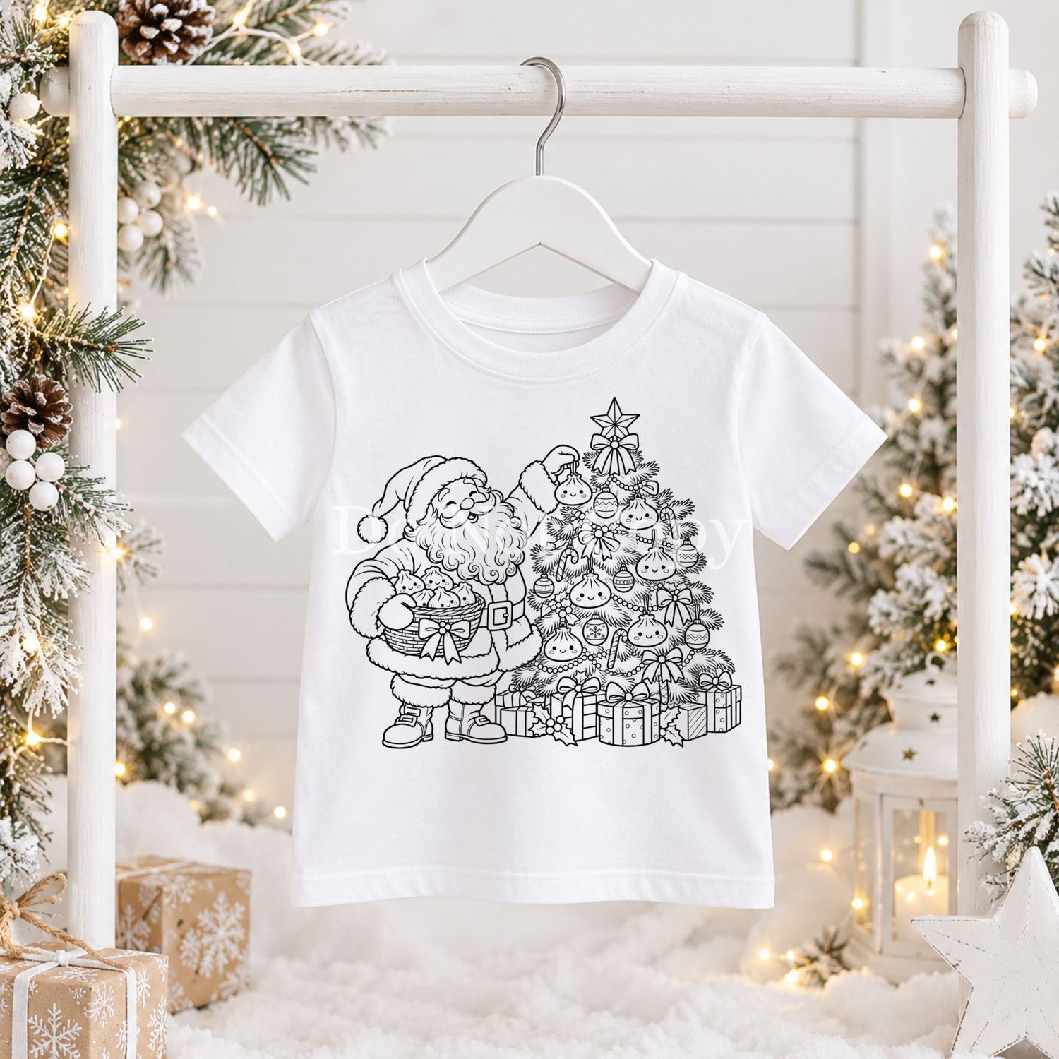 Santa Dumpling Christmas Tree Colouring In Black Outline DTF Decal