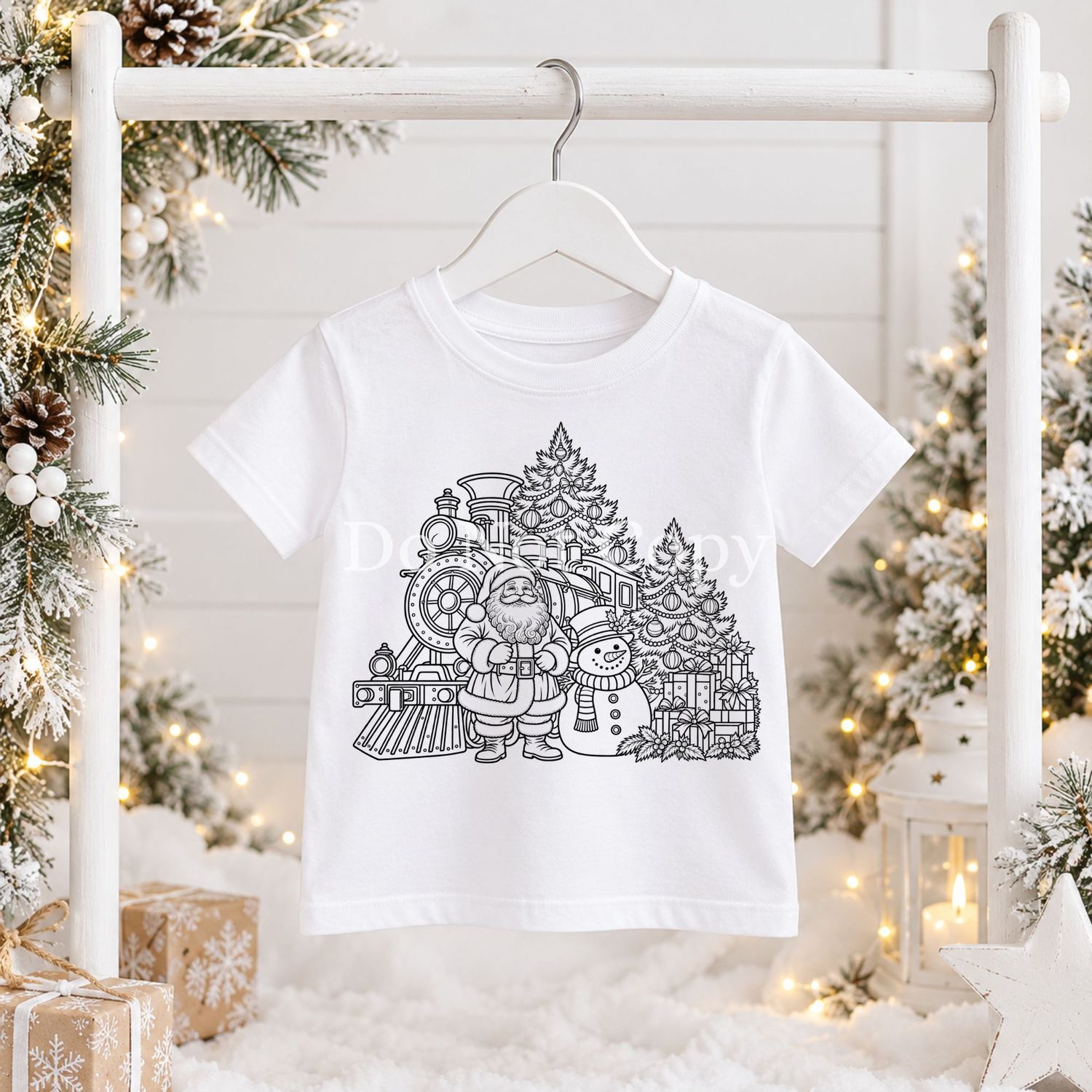 Santa Train Scene Colouring In Black Outline DTF Decal
