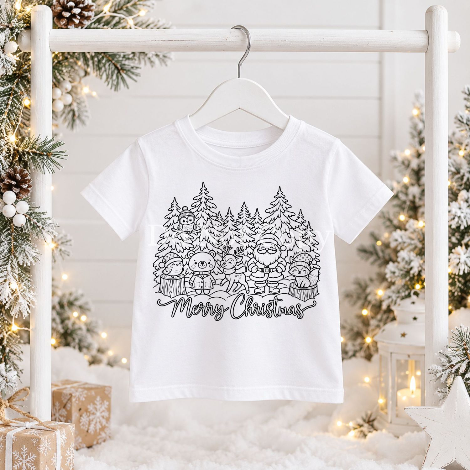 Merry Christmas Scene Colouring In Black Outline DTF Decal
