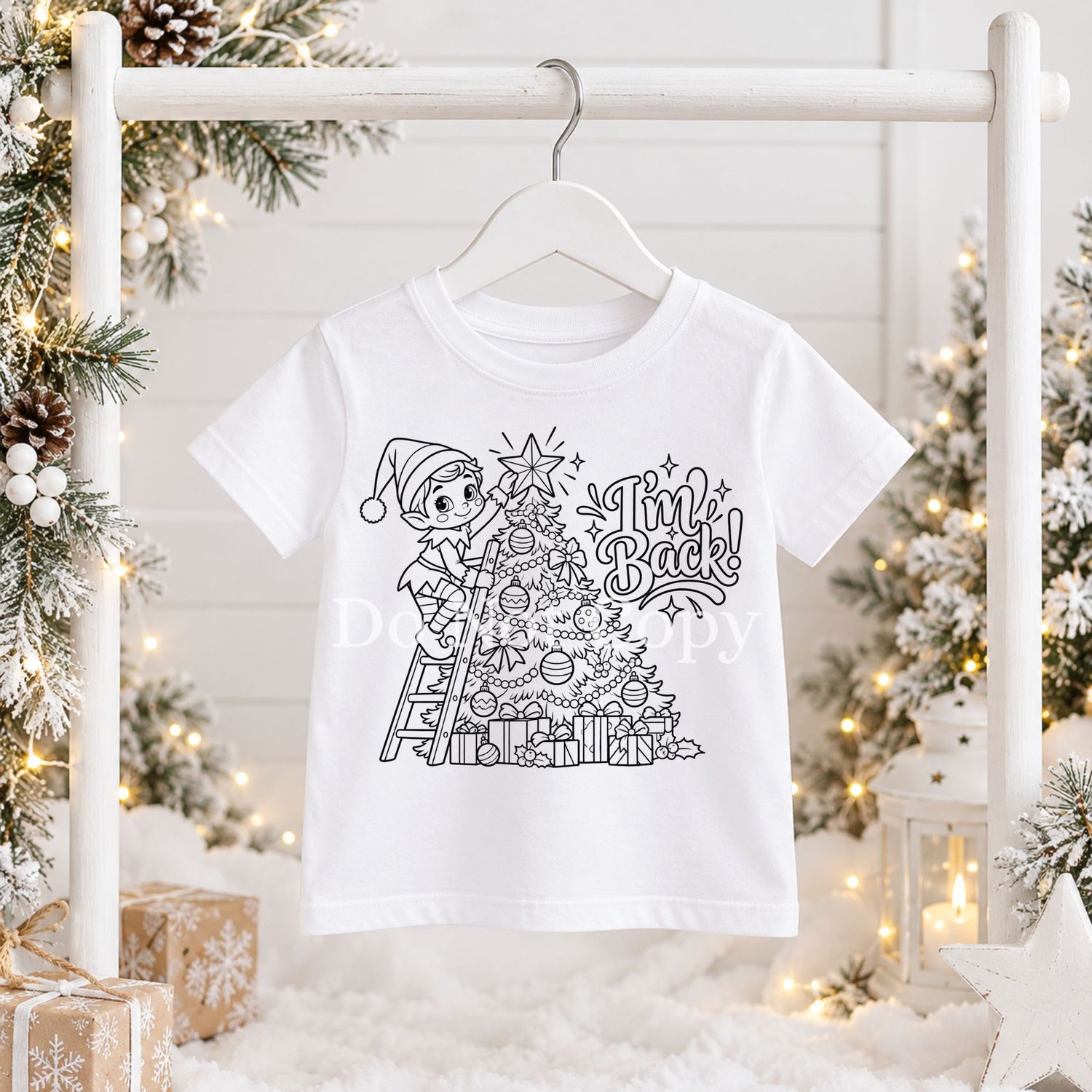 Elf Climbing Tree Colouring In Black Outline DTF Decal