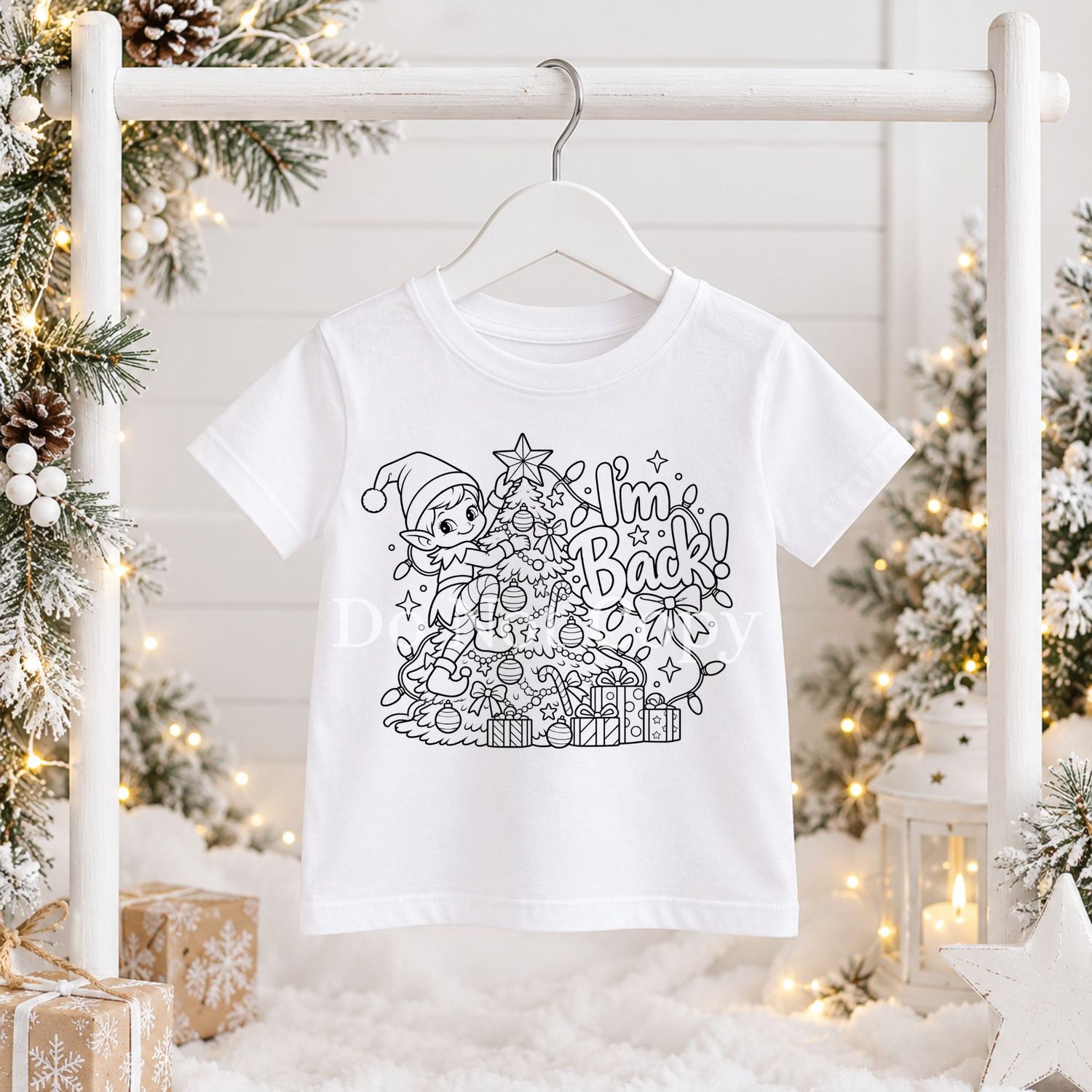 Elf Climbing Tree Design 2 Colouring In Black Outline DTF Decal