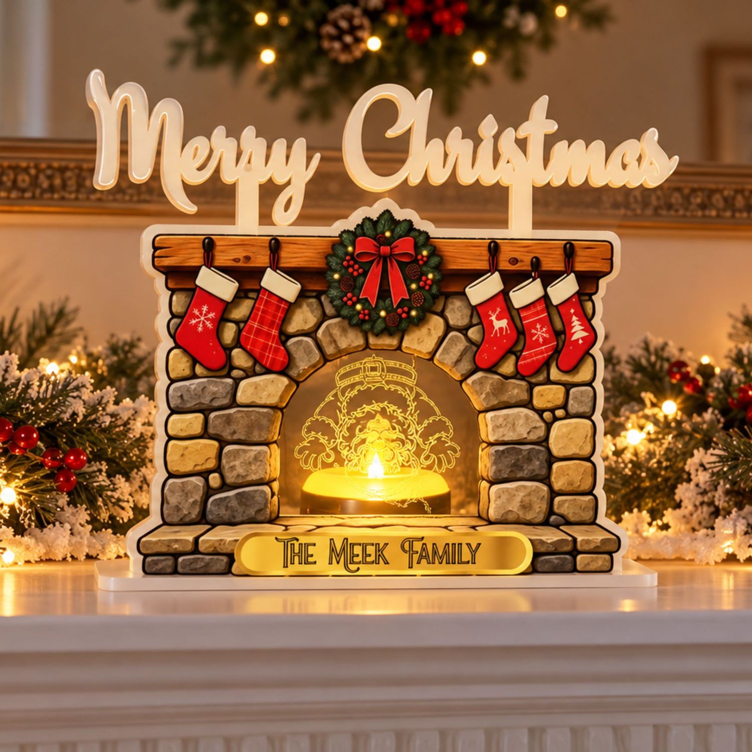Personalised Santa Fireplace With Stand For Battery Candle 3mm Acrylic