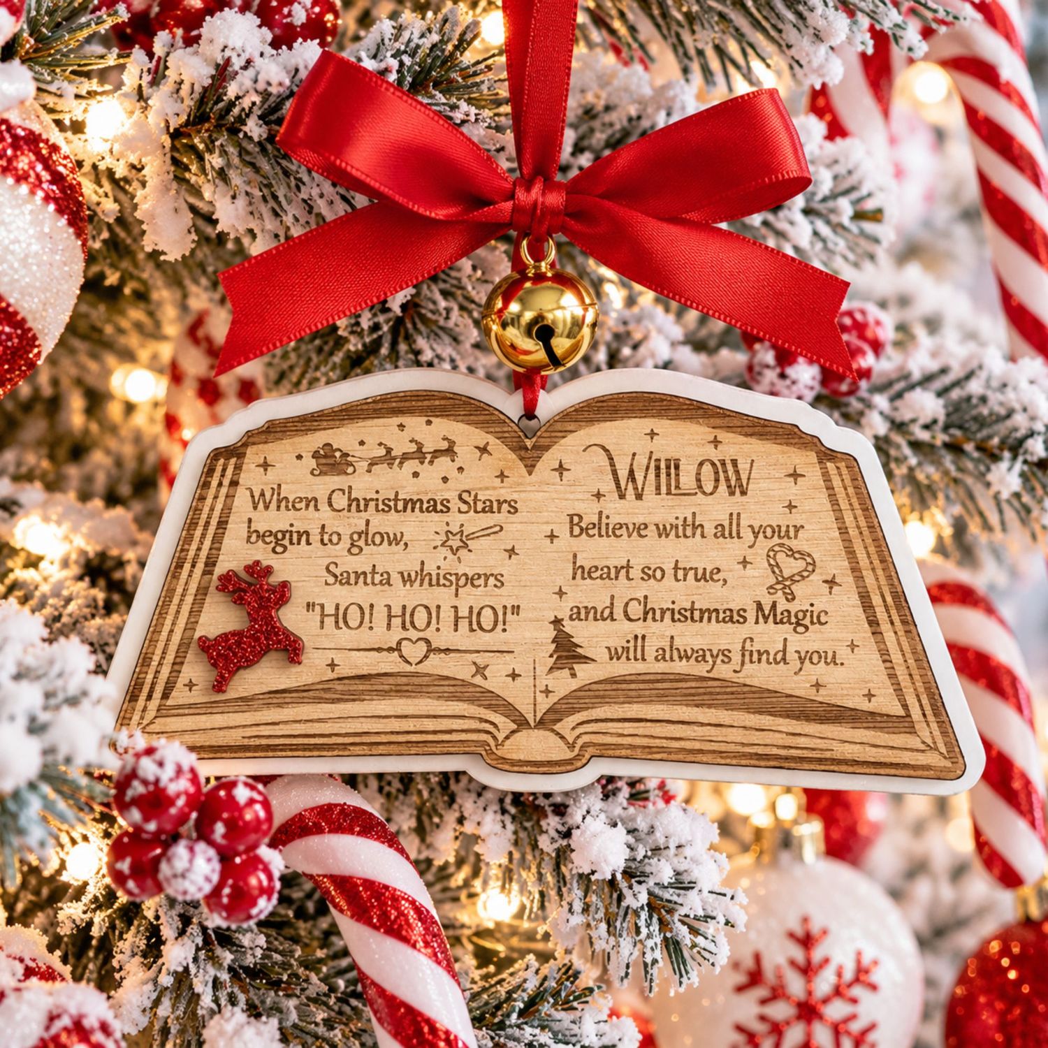 Christmas Believe Magical Story Book Ornament - 4mm Oak Veneered MDF &amp; White Acrylic 3mm