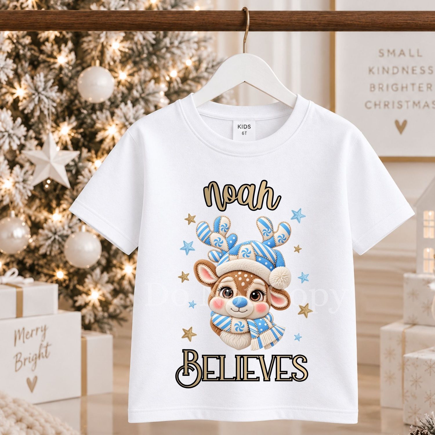 Blue Reindeer Candy Cane Patchwork Believes DTF Decal