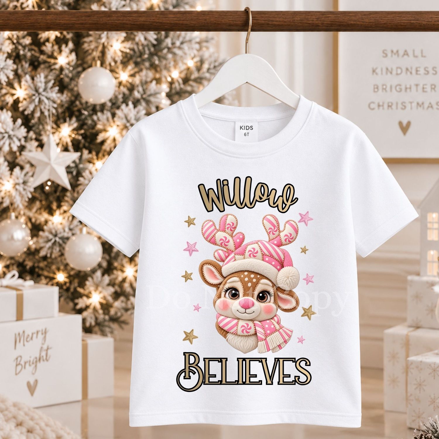 Pink Reindeer Candy Cane Patchwork Believes DTF Decal