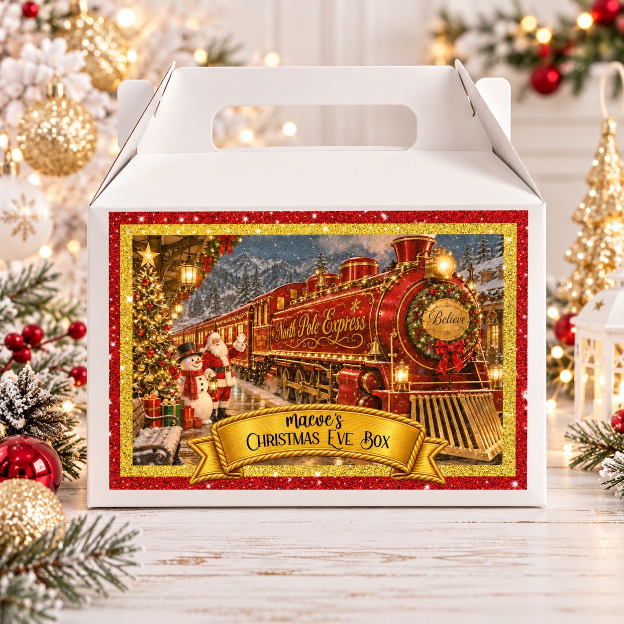 Personalised North Pole Express Red Christmas Eve Treat Box Sticker Christmas