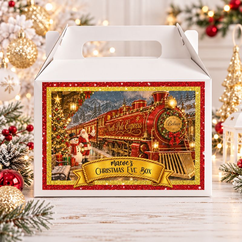 Personalised North Pole Express Red Christmas Eve Treat Box Sticker Christmas