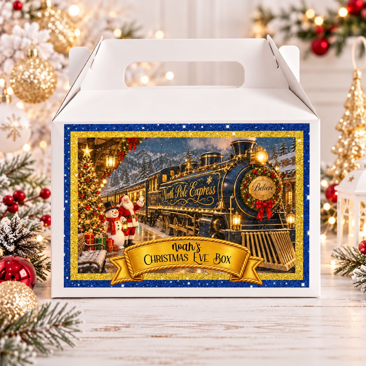 Personalised North Pole Express Blue Christmas Eve Treat Box Sticker Christmas