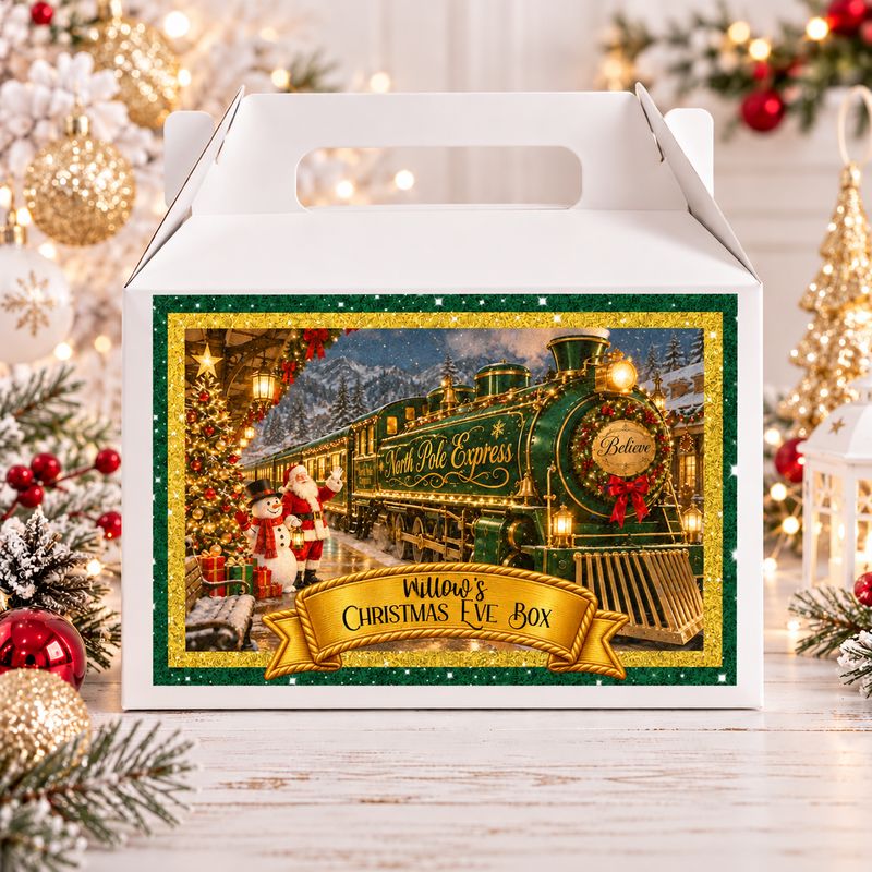 Personalised North Pole Express Green Christmas Eve Treat Box Sticker Christmas