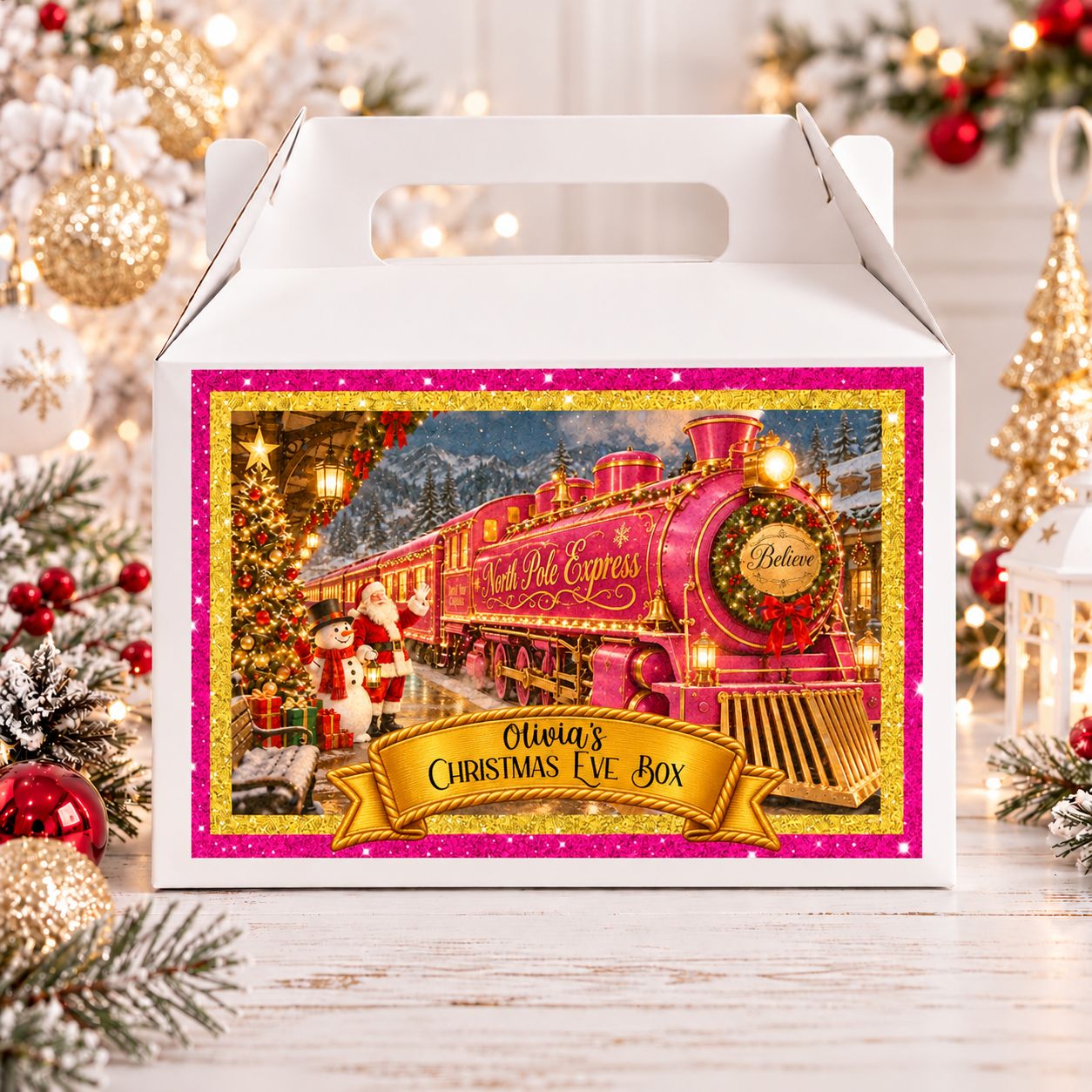 Personalised North Pole Express Pink Christmas Eve Treat Box Sticker Christmas