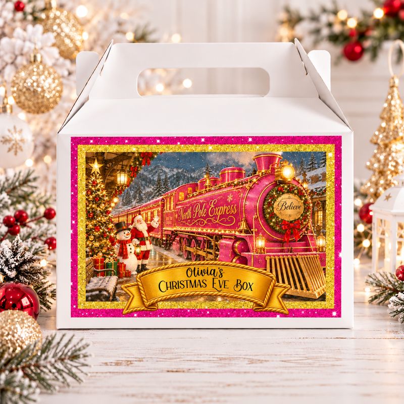 Personalised North Pole Express Pink Christmas Eve Treat Box Sticker Christmas