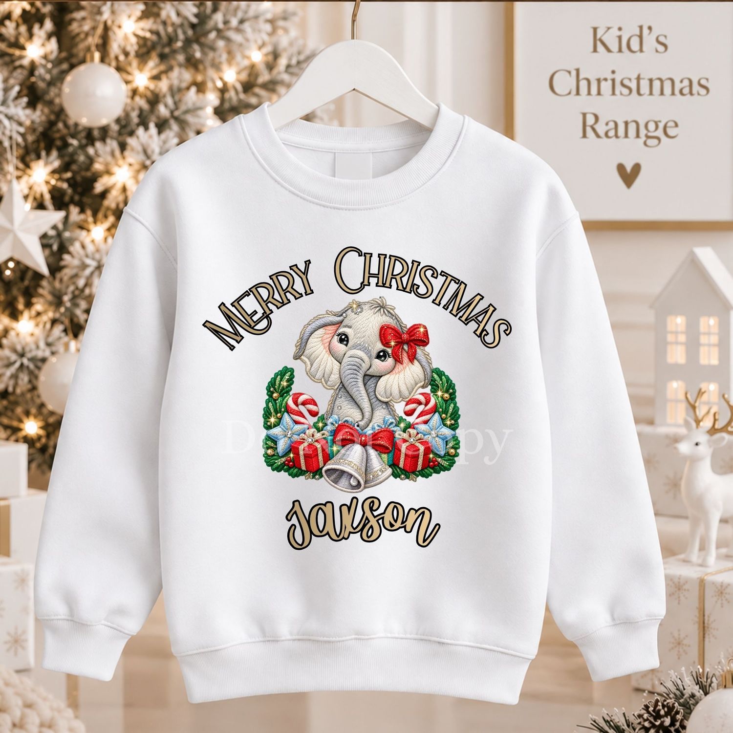 Red Bow Blue Stars Elephant Merry Christmas DTF Decal