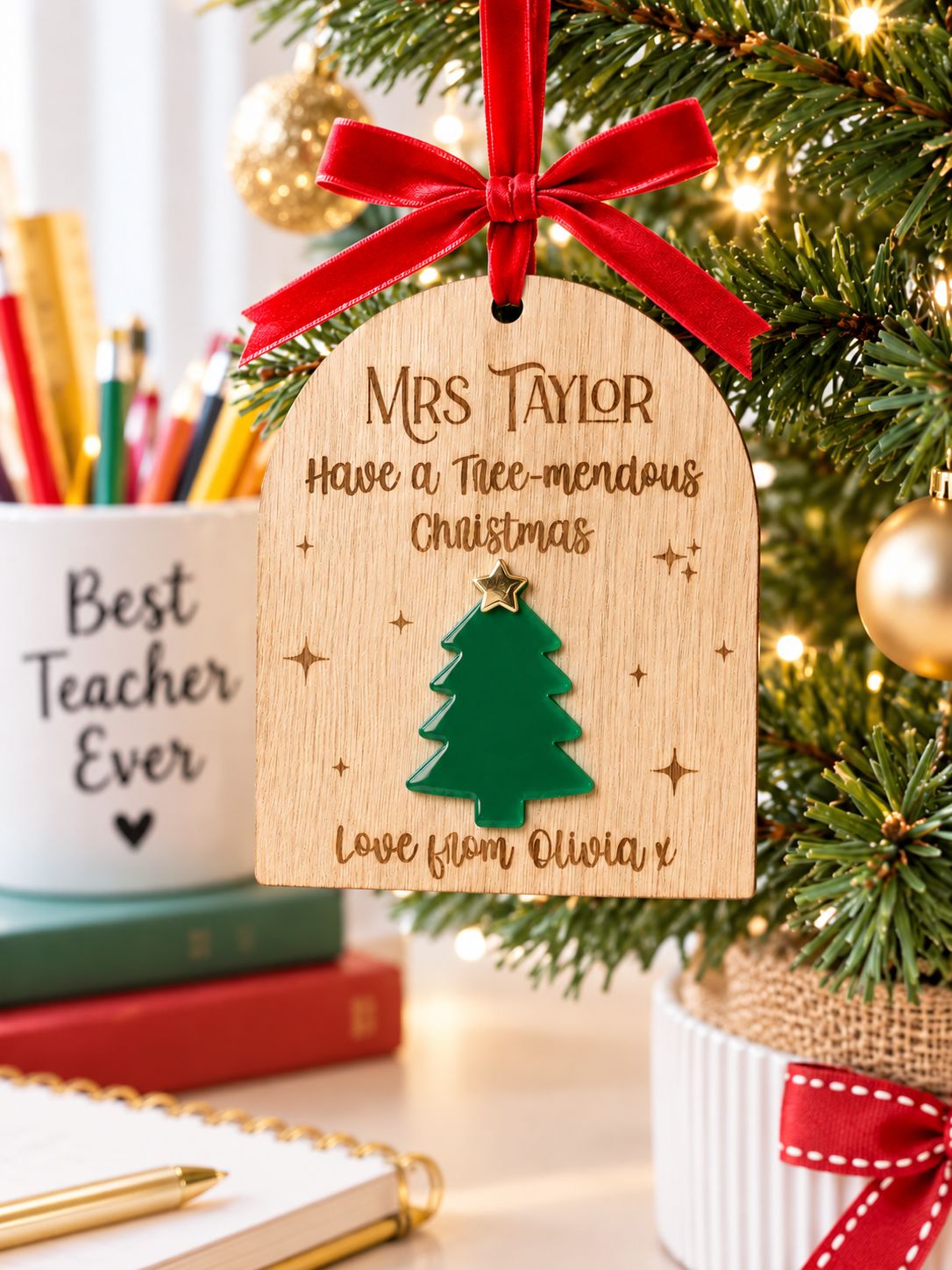 Teacher Tree-Mendous Christmas 4mm Oak Veneered &amp; Acrylic Ornament