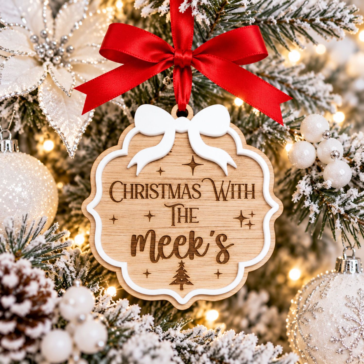 Christmas Family White Bow 4mm Oak Veneered &amp; Acrylic Ornament