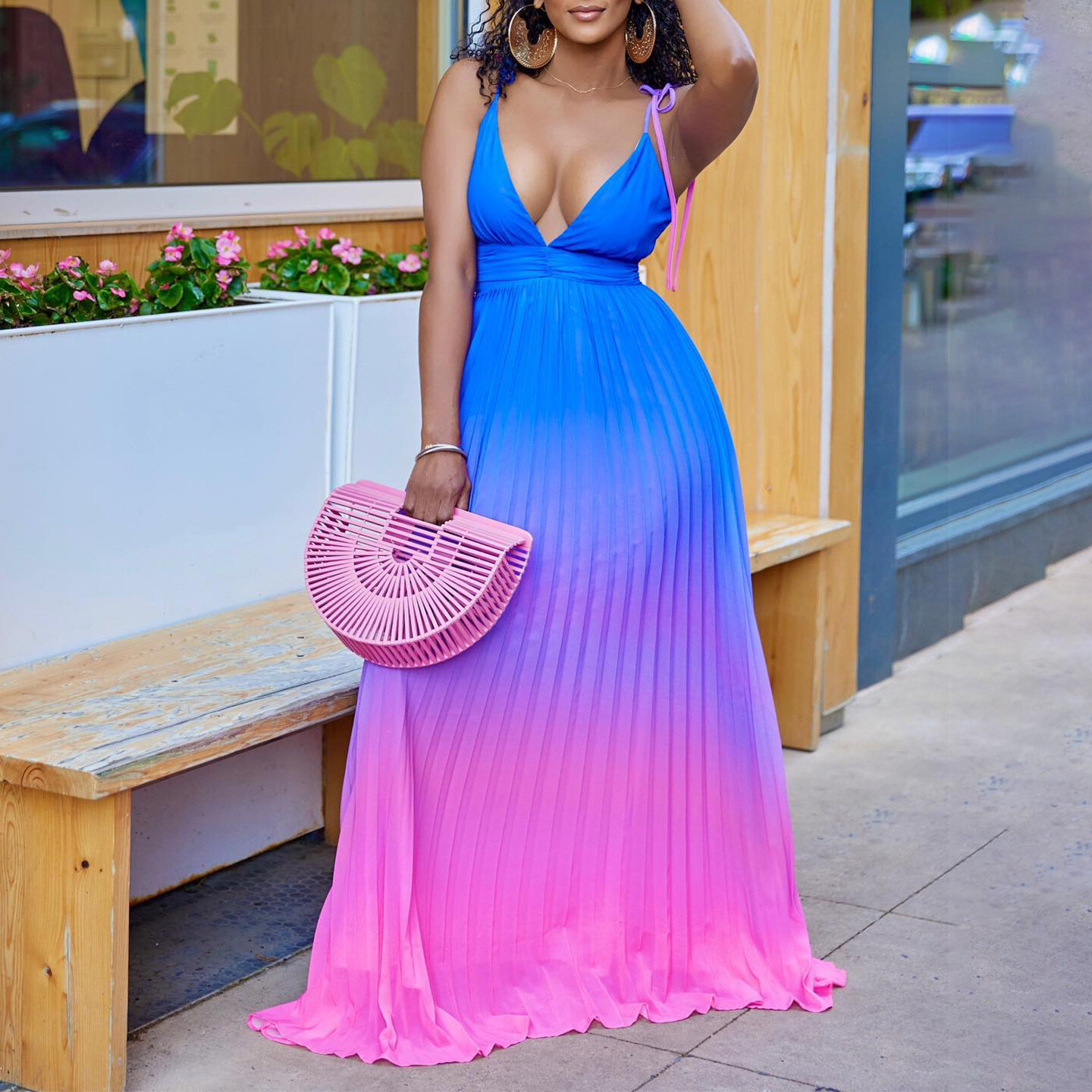 Deep V Plunge Neck Straps Chest Wrap Dress  Sexy Pleated Spaghetti