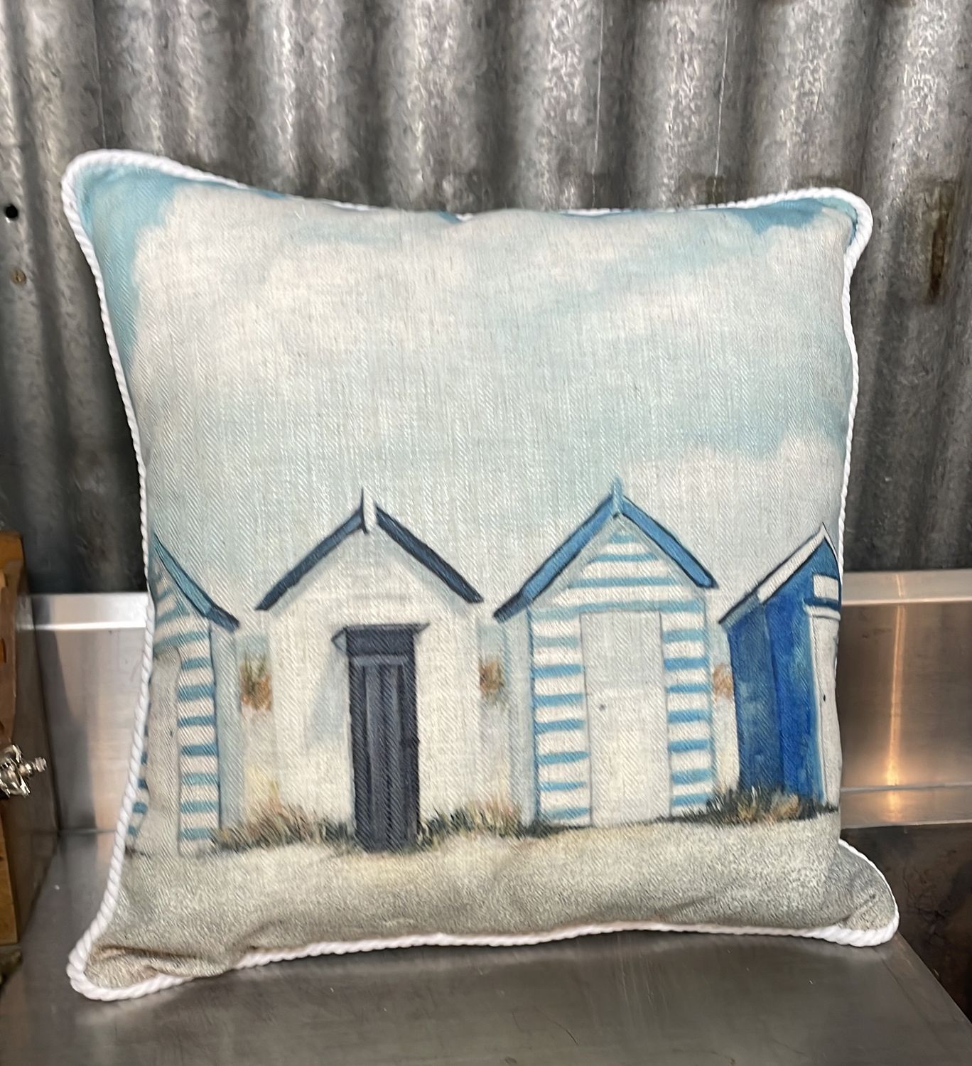 Beach Bathing Huts Linen Blend Cushion