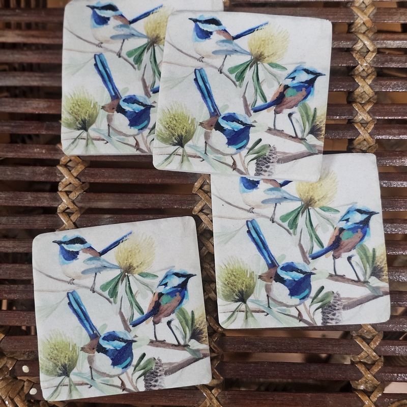 Blue Fairy Wren Coasters s/4