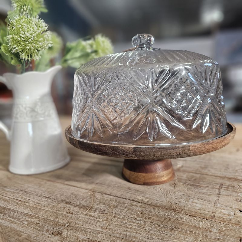 Bridget Glass &amp; Acacia Wood Pedestal Cake Dome