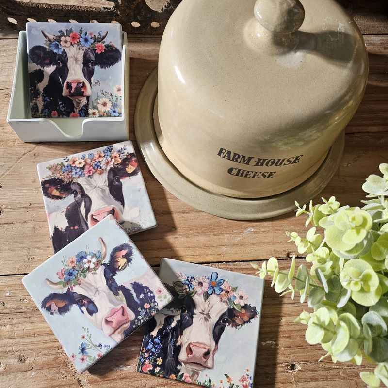 Country Cows w/Flowers Ceramic Coasters