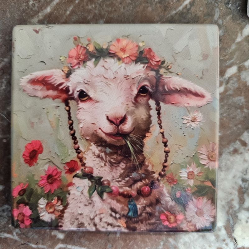 Country Sheep w/Flowers Ceramic Coasters
