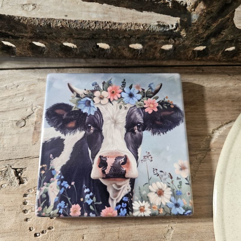 Country Cows w/Flowers Ceramic Coasters