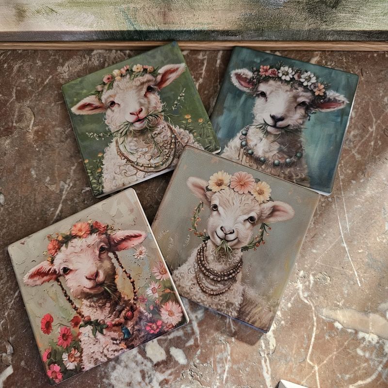 Country Sheep w/Flowers Ceramic Coasters