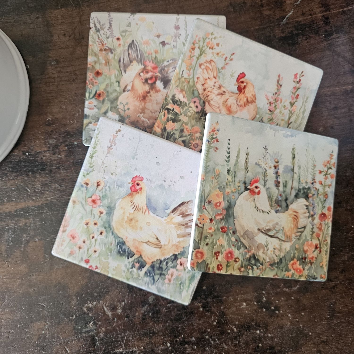 Chickens in a Country Garden S/4 Coasters