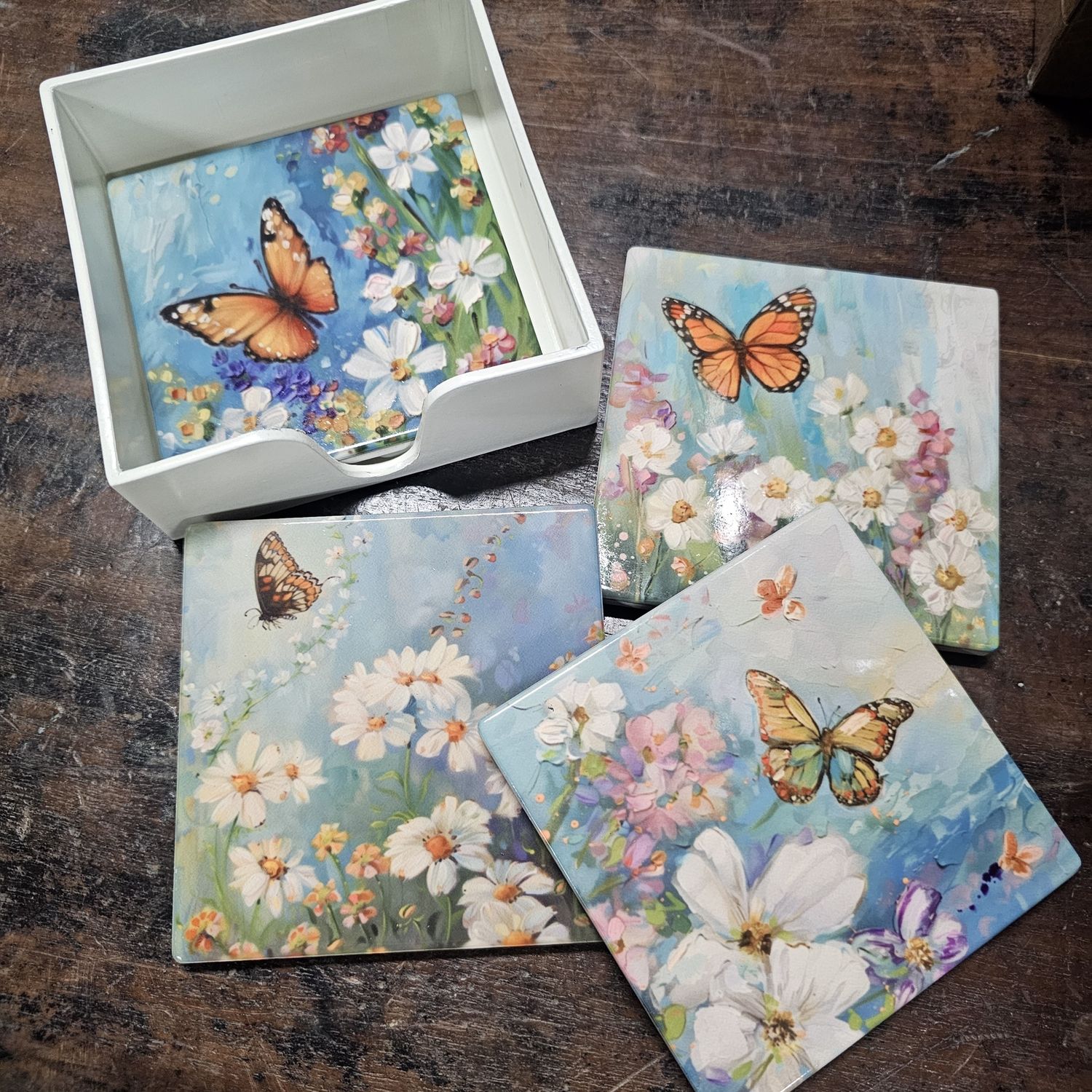 Butterflies w/Country Flowers Ceramic Coasters