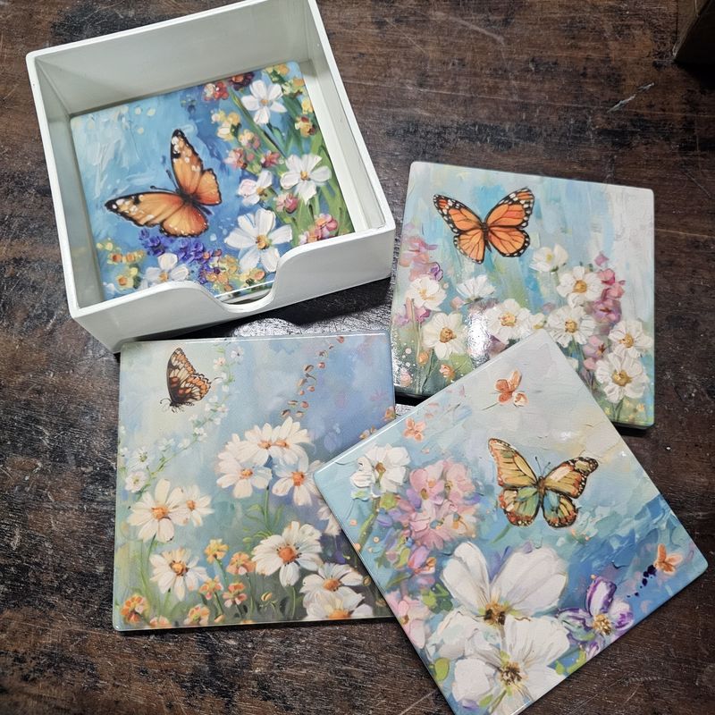 Butterflies w/Country Flowers Ceramic Coasters