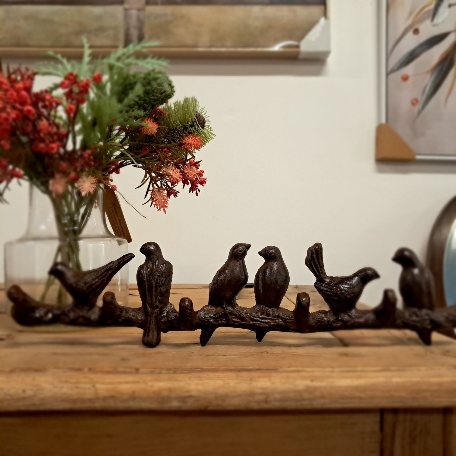 6 Birds Perched on Branch Wall Hooks
