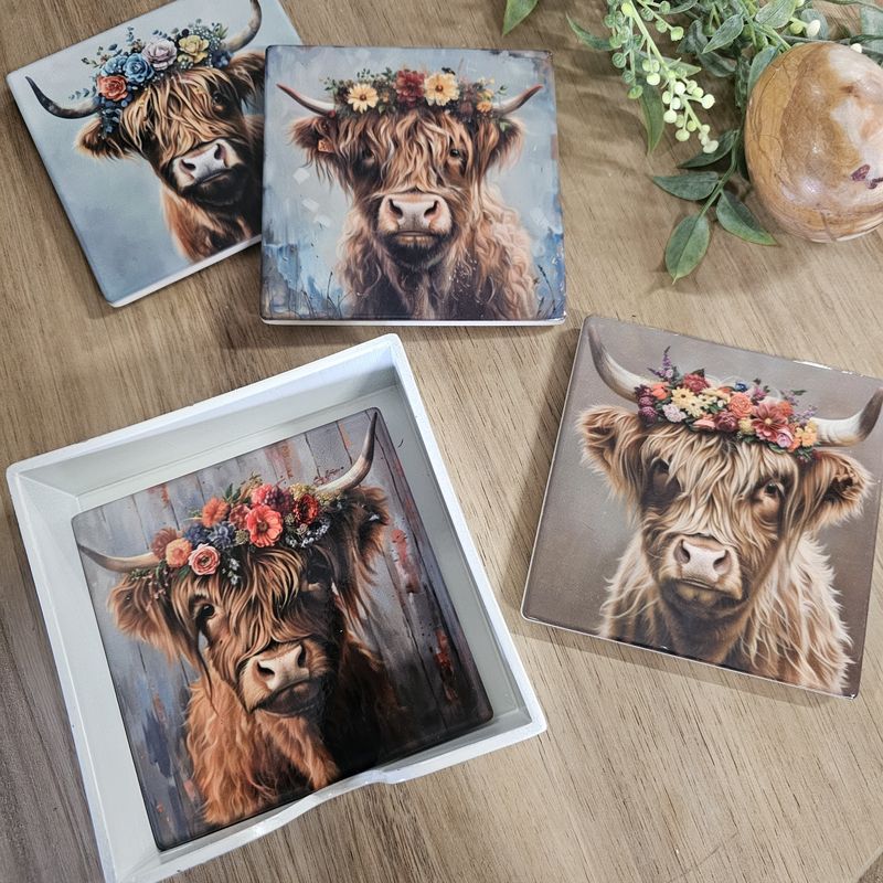 Highland Cow w/Flowers Coasters S/4