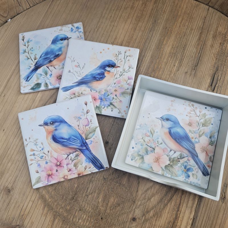 Blue Bird Ceramic Coasters s/4 w/Storage Box