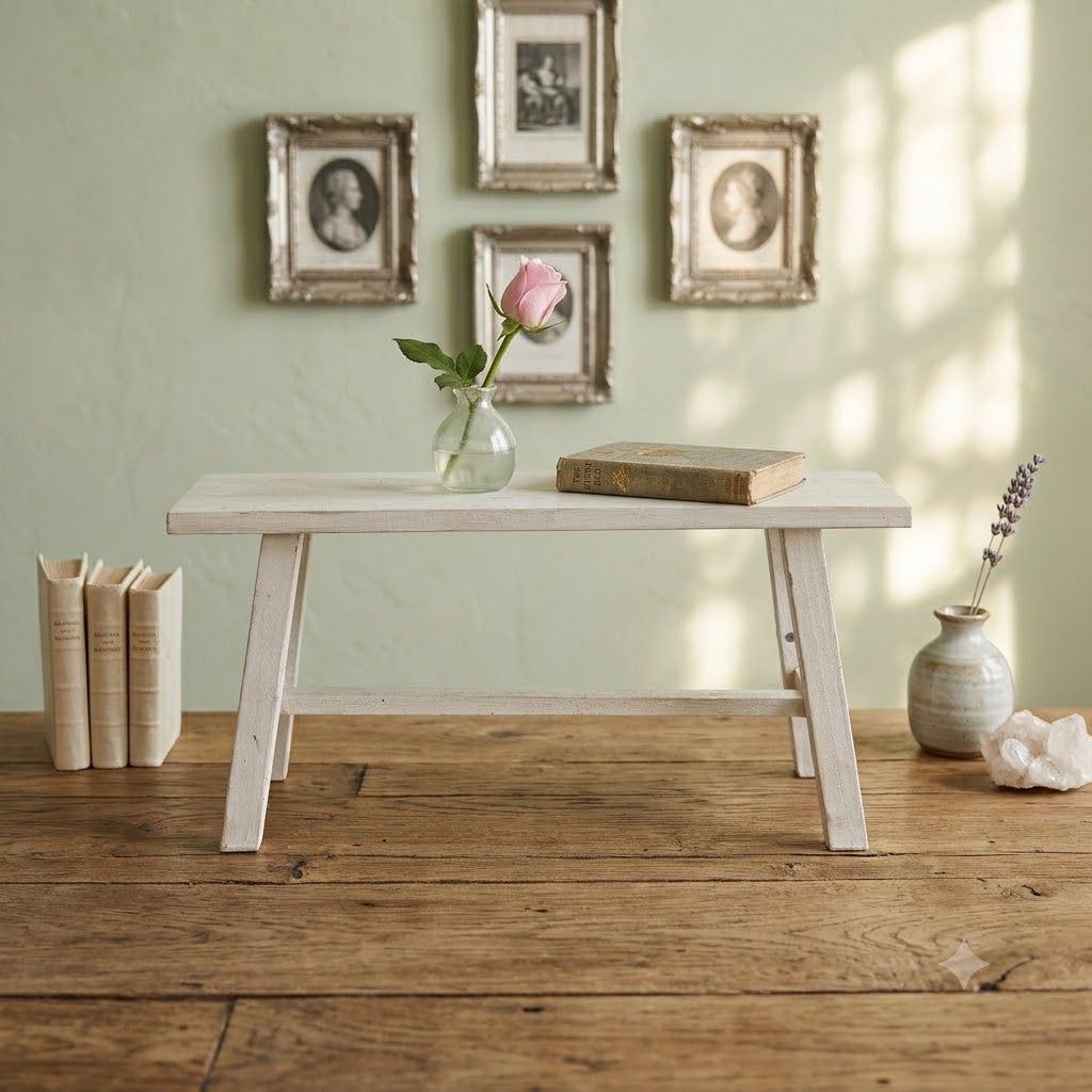 Rustic whitewash Wooden Stool Bench