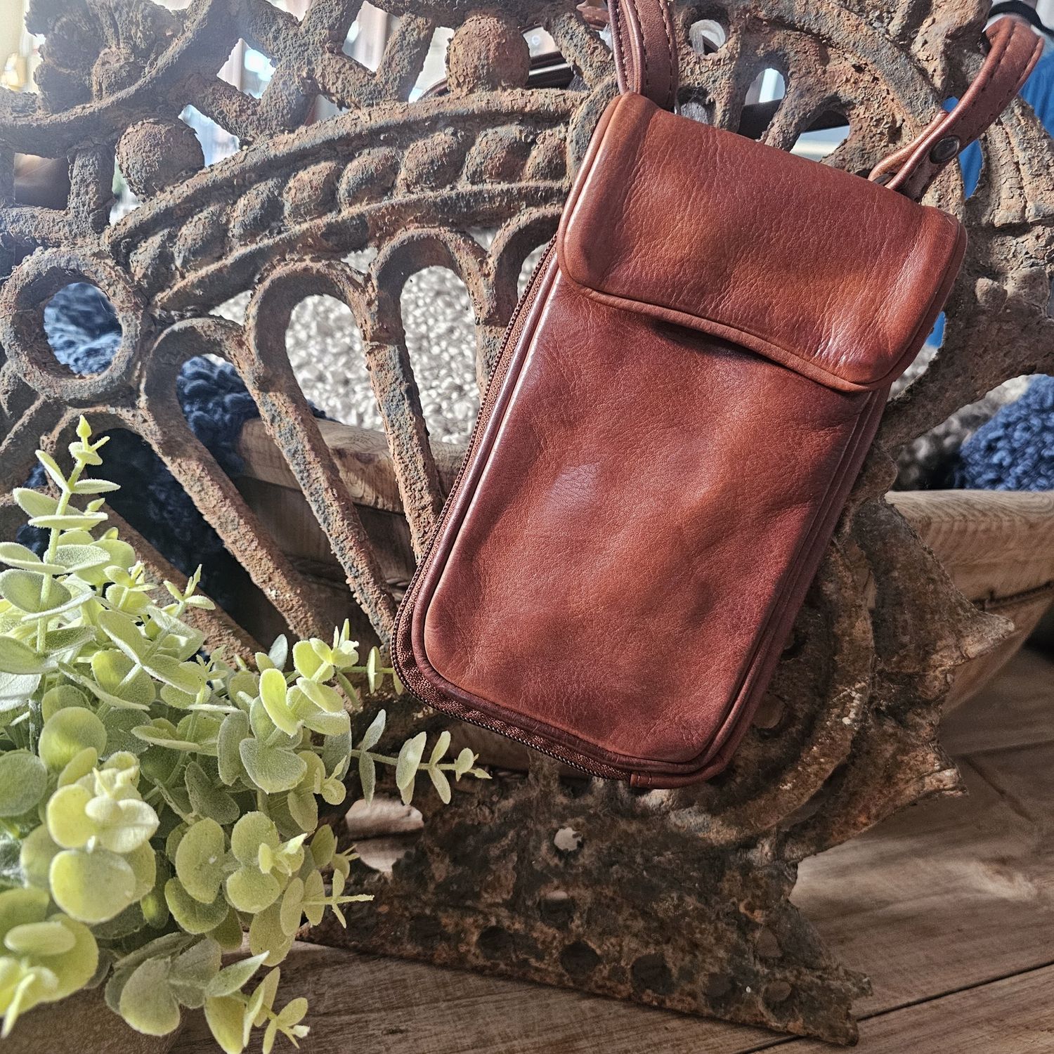 The Karnie Leather Cross Body Mobile Phone Bag, Colour: Cognac