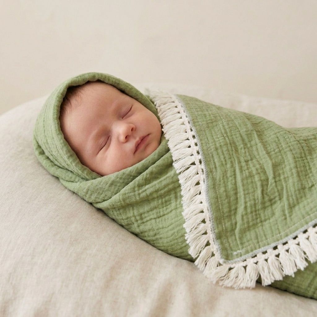 Cotton Muslin Baby Wrap Throw 130cm, Colour: Olive