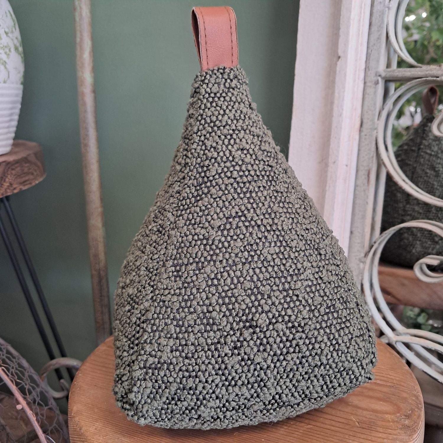 Boucle Door Stop w/leather Style Tab Olive