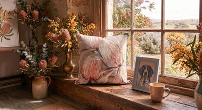 "Blush Rush" Linen Blend Protea Cushion 50cm